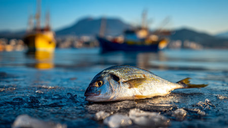 Fresh catch laid on cold ice, with distant boats and rugged mountains lining the shoreline under a bright, cloudless sky by the tranquil sea.の写真素材