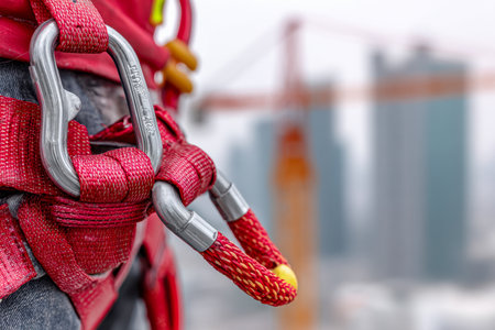 A detailed shot highlights sturdy red webbing and metallic connectors designed for safety. In the background, towering cranes imply high-altitude or industrial tasksの写真素材