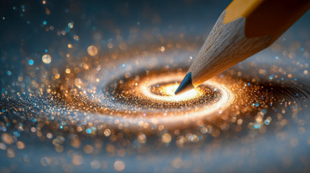 An up-close view captures a vivid pencil point tracing an ethereal, luminous swirl, echoed by shimmering glitter on a textured background with dreamy bokeh ambiance.の写真素材