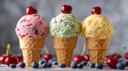 A trio of vibrant, fruity ice cream scoops nestled in crunchy waffle cones, crowned with cherries,...