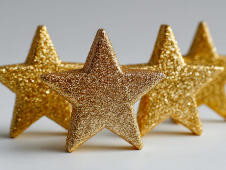 Four shimmering golden stars neatly lined up on a gentle, neutral background, their sparkling...