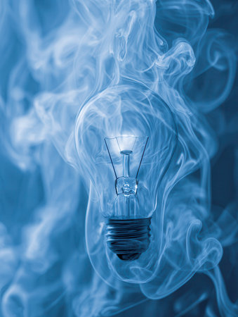 A clear glass bulb floats amid dynamic white smoke currents against a vibrant blue canvas, symbolizing sparks of inspiration and the birth of innovative ideas.の写真素材