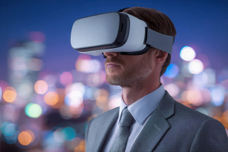 A professional in a dark suit immerses himself in a virtual realm, illuminated by vibrant city...