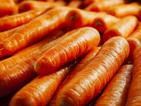 A vivid display of freshly picked carrots with rough, earthy skins and lush green tops, illuminated by gentle sunlight, emphasizing freshness and natural appeal.の写真素材