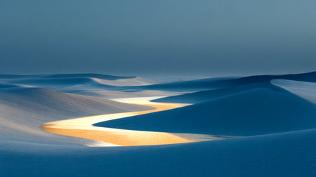 A luminous, amber stream flows gently across vast azure dunes, under a tranquil evening sky, evoking a dreamlike, peaceful desert panorama.の写真素材