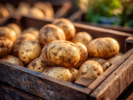 Sunlit outdoor scene featuring earthy potatoes nestled in aged wooden crates, capturing the essence of authentic, eco-friendly farming traditions.の写真素材