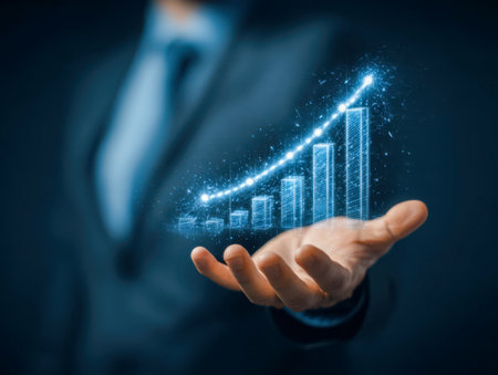 A professional in a sleek suit interacts with a luminous, three-dimensional data visualization, embodying innovation and strategic progress in a high-tech environmenの写真素材