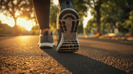 A close-up of a runner's gray athletic shoes pacing along a sun-drenched trail, framed by lush green foliage and illuminated by the soft, golden light of evening.の写真素材