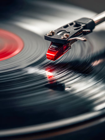 A precise view of a classic turntable stylus gliding over a rotating black vinyl disc with a striking red center, highlighting textured grooves and shimmering reflectionの写真素材