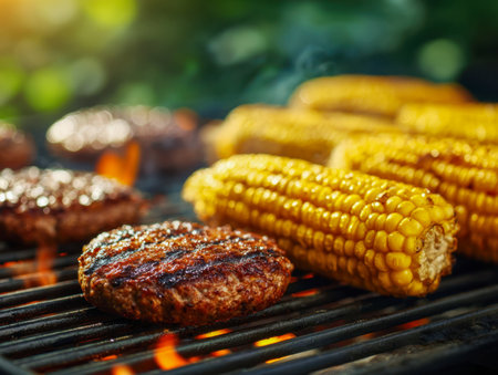 Bright sunshine illuminates a lively outdoor feast where sizzling hamburger patties and sweet corn on the cob cook over radiant charcoal flames, capturing a cheerfulの写真素材