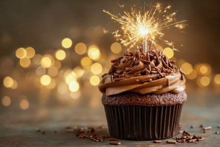 A delicious chocolate treat adorned with smooth frosting and colorful sprinkles, illuminated by a shining birthday candle, set against a warm glow of golden festiveの写真素材