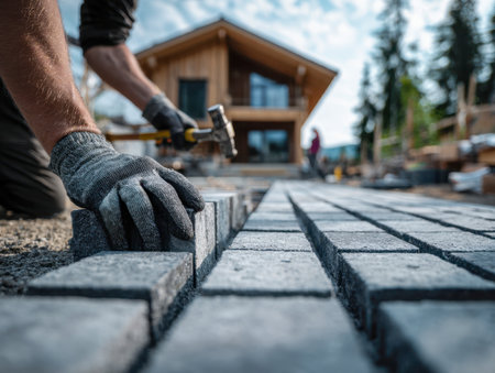 A dedicated craftsman in protective gloves expertly sets stone tiles into place, crafting a sleek outdoor pathway before a contemporary wooden residence amidst lush greenの写真素材