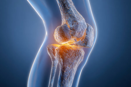 A vivid illustration showing knee skeletal structure with inflamed areas glowing bright orange within a semi-transparent leg outline against a blue backdrop, emphasiの写真素材