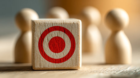 A wooden misshapen block featuring a bold red target icon stands prominently against five softly blurred wooden silhouettes, symbolizing concentration, shared objectの写真素材