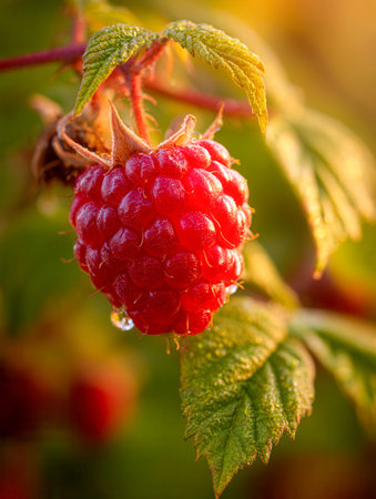 A lush cluster of crimson berries sparkles with dew, nestled among vibrant green leaves under soft,...