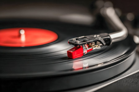 An old-fashioned turntable needle gently traces a sleek black vinyl, its vivid red label evoking...