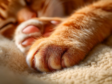 A tranquil moment captured in gentle focus, showing a vibrant ginger paw nestled on a cozy cream blanket, with a softly blurred snoozing face in the background.の写真素材