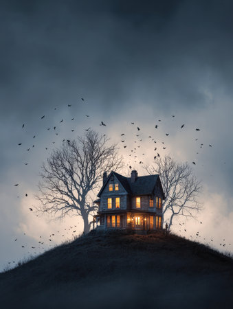 A lonely house casts a soft amber glow atop a desolate hill, framed by leafless branches, while a tumultuous swarm of birds whirls through a stormy, twilight sky.の写真素材