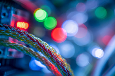 A complex network of vivid cables interfaces with high-tech devices, with vibrant neon illumination shaping a sleek, cutting-edge environment infused with modern eneの写真素材
