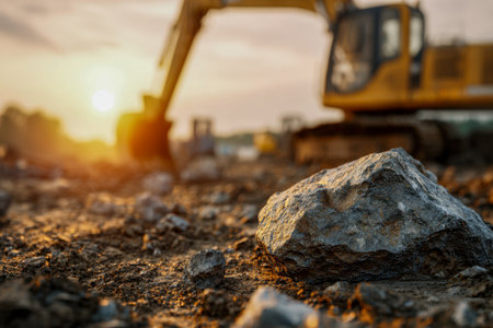 A rugged terrain of sizable stones and loose gravel, with industrial equipment faintly visible in the distance under the golden hues of dusk, capturing ongoing constの写真素材