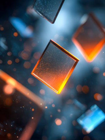 Vibrant orange and blue glass-like blocks drift through a shadowy digital void, illuminated by soft...
