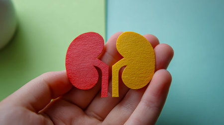 A hand gently displays crafted wooden kidney replicas in vibrant red and yellow, highlighting...