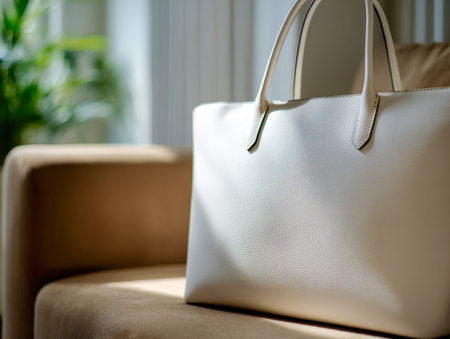 A refined white leather tote, elegantly positioned on a soft sofa in a contemporary living area infused with bright natural illumination and lush green foliage in thの写真素材
