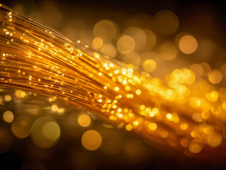 Radiant golden fibers intertwine amid shimmering bokeh orbs, evoking a sleek, high-tech ambiance infused with warmth and vibrant, dynamic energy.の写真素材