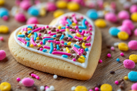 A charming, pink-tinted treat adorned with cheerful rainbow sprinkles rests on rustic wood,...