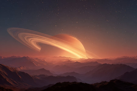 A dreamlike vista featuring a luminous, ringed celestial body ascending over multi-tiered mountain silhouettes beneath a shimmering, star-filled twilight sky, evokinの写真素材