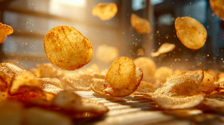 Warm sunlight floods the cozy kitchen as crunchy golden chips soar through the air, capturing a lively, inviting moment perfect for snack ads or culinary inspirationの写真素材