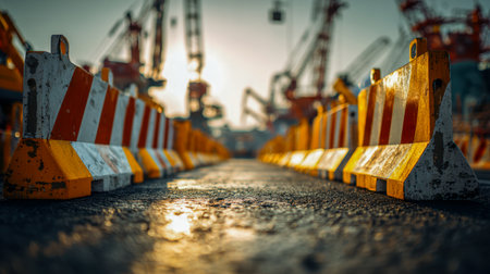A weathered series of barriers stretches across a rugged street, with a backdrop of industrial cranes bathed in the glow of a golden sunset, evoking resilience and pの写真素材