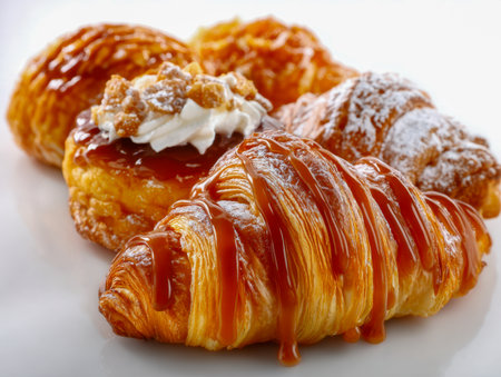 A vibrant display of freshly baked, flaky pastries glistening with caramel, sprinkled with powdered sugar, and adorned with swirls of whipped cream, inviting indulgenceの写真素材
