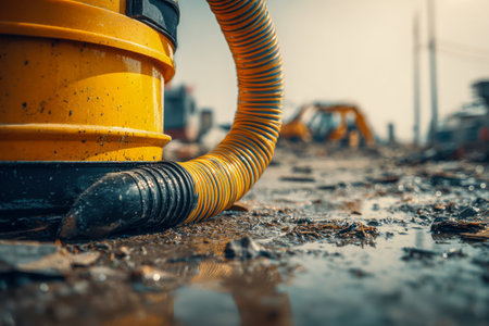 A bright yellow hose connected to a powerful vacuum resides on damp, uneven ground at a construction zone, with large machinery softly blurred behind during daylight.の写真素材