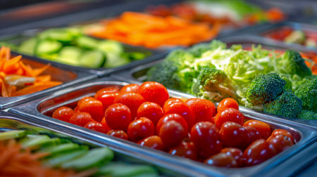 Vibrant assortment of crisp vegetables, including cherry tomatoes, broccoli, cucumber wedges, and carrot sticks, artfully displayed in gleaming stainless steel traysの写真素材