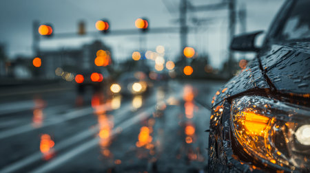 Vibrant orange and red streaks shimmer on a slick asphalt, illuminated by passing vehicles as dusk falls, evoking a cinematic, introspective mood.の写真素材