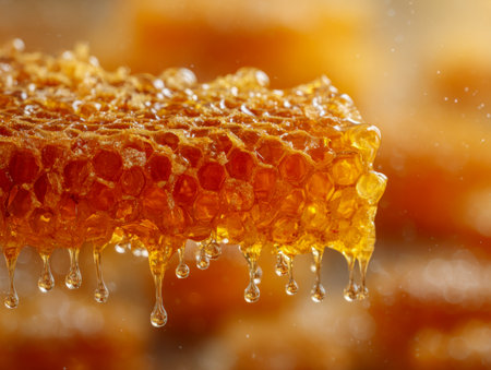 A detailed close-up reveals a luminous amber hive pattern with shimmering droplets cascading from its delicate hexagons, capturing nature?s sweet artistry.の写真素材