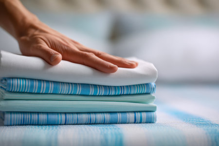 A person carefully stacks pristine blue and white linens, creating an inviting and organized bedroom scene with warm, comfortable surroundings.の写真素材