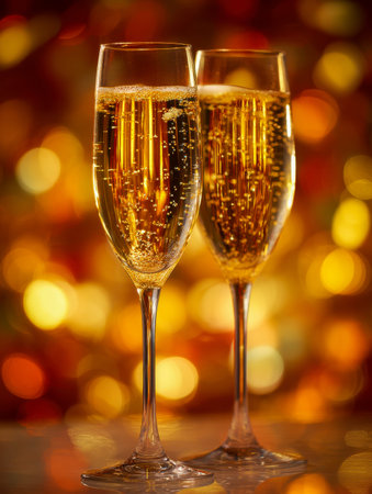 Bright golden flutes filled with bubbly sparkle amid a glowing, festive backdrop, capturing joy and elegance for memorable celebrations.の写真素材