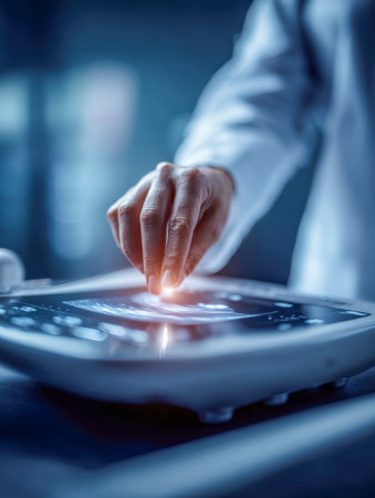 A healthcare expert operates a high-tech ultrasound system with a glowing touchscreen, set against the sleek backdrop of a contemporary medical environment for preciの写真素材