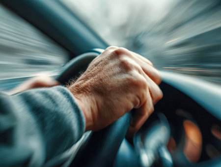 A driver's hand tightly clasps the wheel amid streaked scenery, emphasizing concentration and...