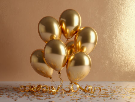 Luxurious gold globes with coordinated spiraled ribbons and scattered shimmering confetti create a sophisticated party setting on a sleek beige background.の写真素材