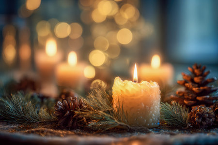 Cozy scene featuring lit candles surrounded by pine cones and lush fir branches, set against a soft yellow bokeh glow that evokes festive warmth and tranquility.の写真素材