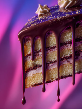A tempting dessert segment featuring soft vanilla layers enhanced by silky chocolate drizzle, topped with smooth frosting and shimmering gold accents against livelyの写真素材