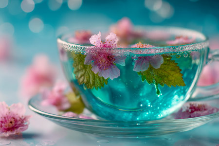 Elegant pink blooms drift gently in a crystal-clear cup of cool herbal elixir, set on a glass base with a luminous, dreamy backdrop creating a serene atmosphere.の写真素材