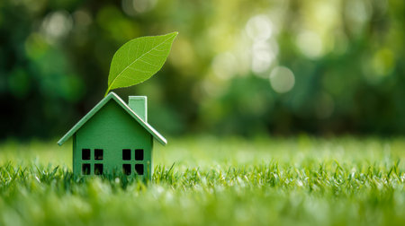 A miniature green residence topped with a lone leaf, nestled on lush grass, embodying harmony with nature and commitment to sustainable eco-conscious lifestyles.の写真素材