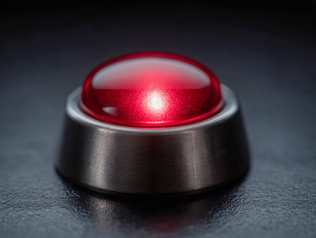 A sleek, reflective metal platform supporting a vibrant red, high-gloss button, set against a textured dark background that softly mirrors ambient illumination.の写真素材