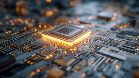 A vibrant microprocessor emits an radiant glow, seamlessly integrated into a complex network of...