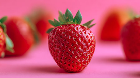 An arrangement of ripe, ruby-red strawberries nestled among lively green leaves, set against a vivid pink backdrop that enhances their juicy, inviting appeal.の写真素材
