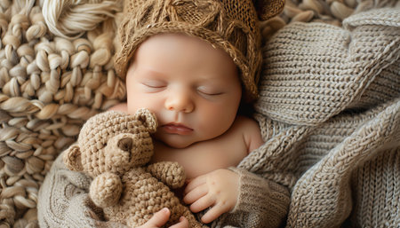 Adorable baby boy in bear themed attire peacefully sleeping with teddy bear in cozy bedの写真素材